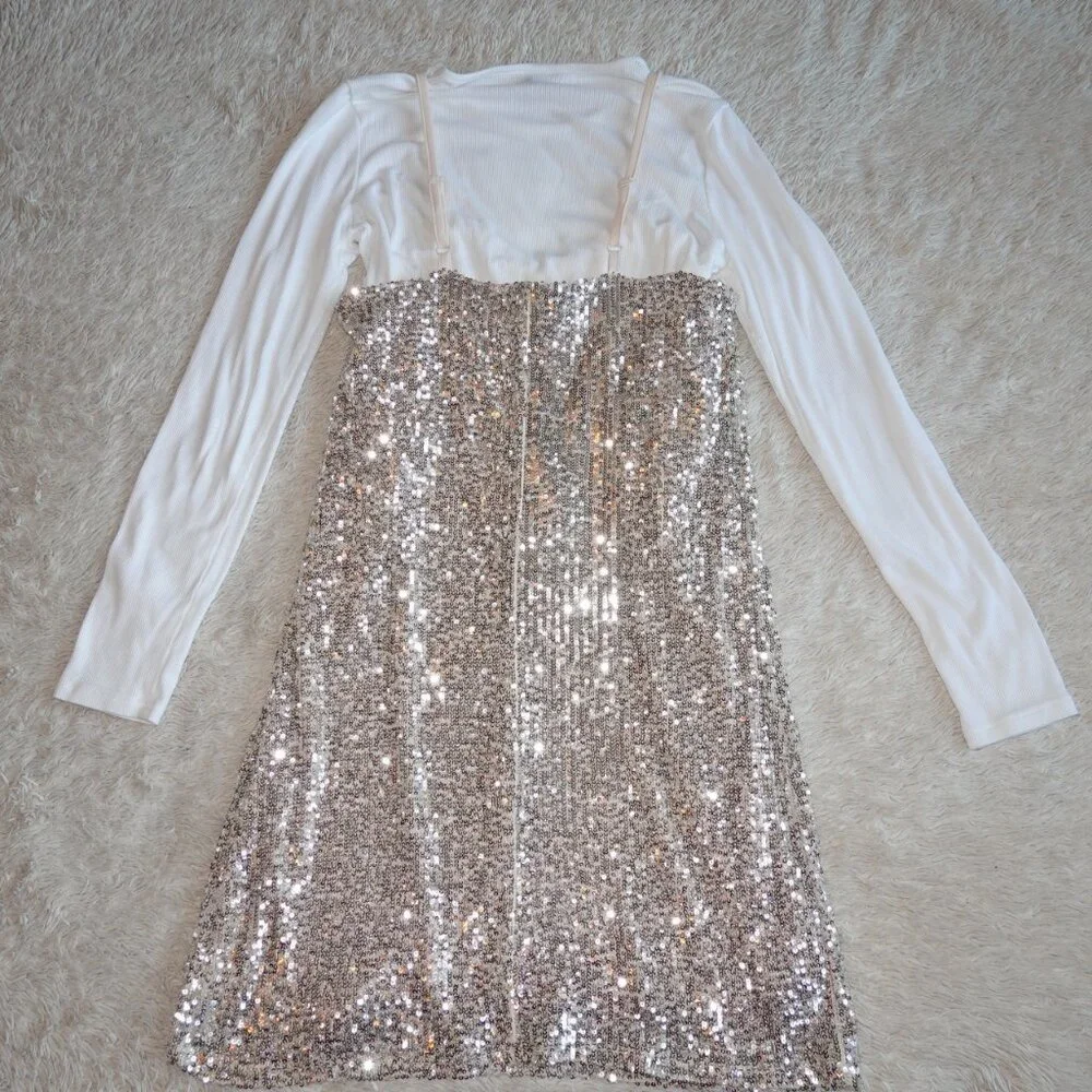 Girls Size 10/12 Art Class Sequin Sparkle Neutral Cream Beige Dress with Shirt